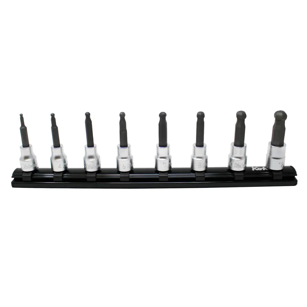8 Piece 3/8" Sq. Dr. Ballpoint Hex 62mm Long Socket Set on Rail