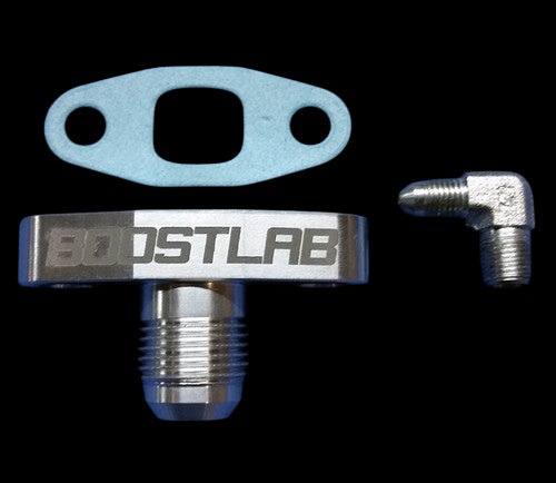 Short Billet -10AN T3/T4 Square Drain Flange | 1/4"NPT x -4 AN 90* Feed