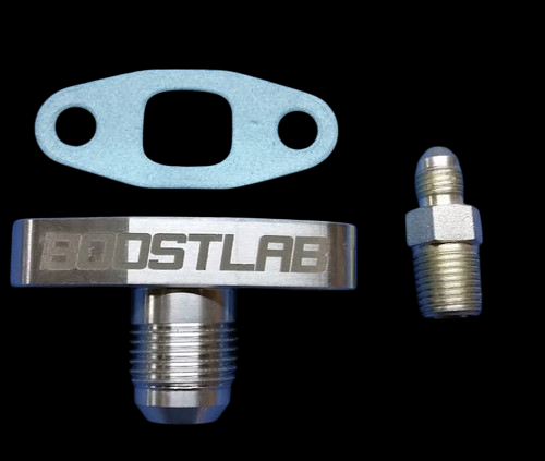 Short Billet -10AN T3/T4 Square Drain Flange | 1/4"NPT x -4 AN STR Feed