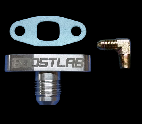 Short Billet -10AN T3/T4 Square Drain Flange | 1/8"NPT x -4 AN 90* Feed