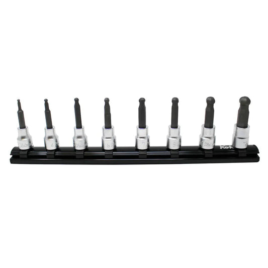 8 Piece 3/8" Sq. Dr. Ballpoint Hex 62mm Long Socket Set on Rail